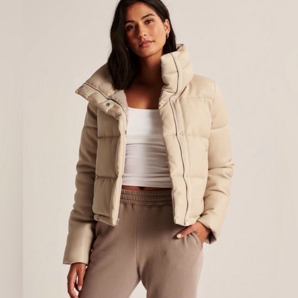 White Vegan Leather Abercrombie Mini Puffer Jacket